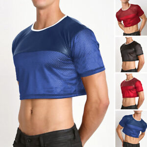 Mens Short Sleeve Mesh Fishnet Crop Tops O Neck Party Clubwear Blouse T Shirts