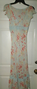 Vintage Express Maxi Dress, Pale Blue Bias Cut Lace Trim Cherry Print