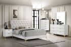 4 PC WHITE FABRIC GOLD LEGS TUFTING QUEEN BED N/S DRESSER BEDROOM FURNITURE
