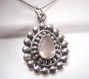 Faceted Rose Quartz Necklace Encircled w Silver Dot Accents 925 Sterling Silver