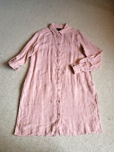 Womens Dress-TAHARI-mauve/pink 100% linen button-down long roll tab sleeve-S