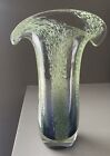 Vintage Hand Blown Art Glass Green Blue Tulip Vase 8”