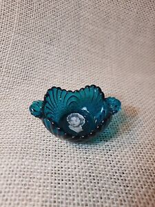Vintage Shirley Temple Glass Mini Trinket Dish Nut Bowl Teal Green Reproduction