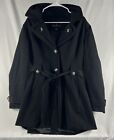 London Fog Women's Black Full Button Belted Collared Hooded Trench Coat Size XL