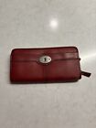 Fossil Maddox Wallet Red Leather 3/4 Zip Around Clutch Organizer Wallet