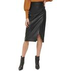 DKNY Womens Black Faux Leather Midi Office Wear A-Line Skirt 6 BHFO 8365