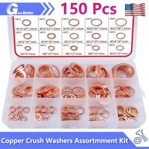 150 pcs Copper Crush Washer Gasket Set Flat Ring Seal Assortment Kit M5 - M22