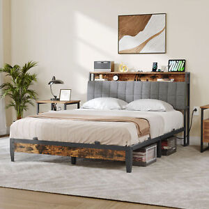 Metal Bed Frame King /Full/Queen With Upholstered Storage Headboard Platform