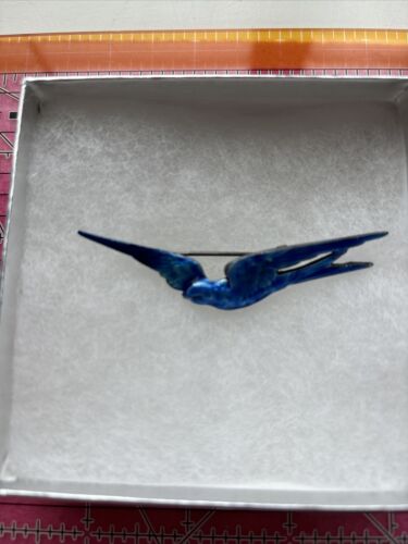 Antique Sterling Blue Bird Pin Brooch w/ Blue Guilloche Enamel