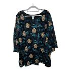 Catherines Womens Blouse Size 3X Embroidered Floral Overlay Textured 3/4 Sleeve