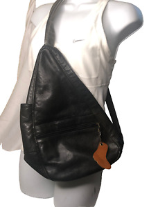 L.L. Bean Ameribag Healthy Back Sling Bag Black Leather Backpack One Strap Adj