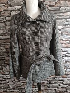 Warehouse Ladies Grey Black Belted Military Style Coat Wool Mix Size UK 12