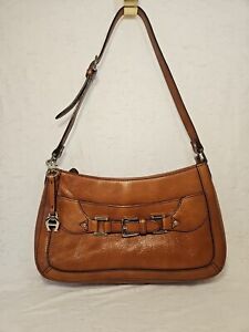 Etienne Aigner Leather Shoulder Bag-Brown Pebbled Leather- Multiple Pockets