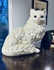 Persian White Ceramic Cat 9.5” Blue Eyes Sitting Statue Vintage Signed