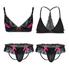 Men Sexy Lingerie Set Sissy Lace Trim Bra Top with G-String Gay Nightwear Outfit