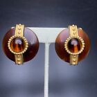 Chunky Large Amber Tone Lucite Clip On Earrings Bold Round Gold Tone Vintage