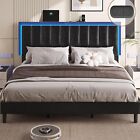 King Size Bed Frame with Led Lights & USB Ports, Faux Leather Upholstered Bed