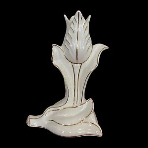 Vtg Tulip Shape Vase E&R American Artware 7.25” White/Gold Hand Painted Spring