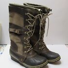 SOREL Tall Lace Up Heel Carly Conquest Women 9 Riding Boots Olive Green Leather