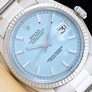 ROLEX MENS DATEJUST ICE BLUE DIAL 18K WHITE GOLD STEEL WATCH w/ OYSTER BAND