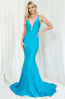 FORMAL SLEEVELESS MERMAID SOLID STRAPPED DRESS W/ ILLUSION PLUNGING NECK