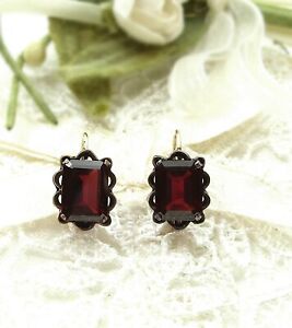 Vintage rectangular garnet earrings boutons w/14k solid gold wires  F230926f