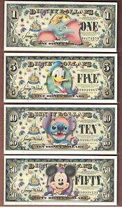 2005 Disney Dollar uncirculated A series set. $1, $5, $10, %50. Mickey, Stitch.