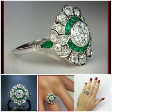 Vintage Art Deco Style Round Cut Lab-Created Diamond & Emerald 925 Silver Ring