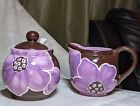Gates Ware by Laurie Gates Purple Flower Creamer & Sugar Set Handpainted Ceramic