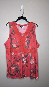 Torrid Womens Plus Size 3 (3X) Red Floral Babydoll Jersey V-Neck Lace Top