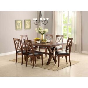 7 Piece Kitchen Farmhouse Upholstered Dining Room Set Wood Table 6 Chairs Brown