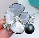 Natural 9-10mm Freshwater Black Pearl Crystal Flower Brooches 18KGP For Women