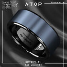 Black Tungsten Carbide Ring Sea Blue Brushed Center Bridal Band ATOP Men Jewelry