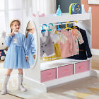 Sturdy Wood Kids Armoire Wardrobe Dress Up Storage Bins Gift w/Mirror Shelf Hook