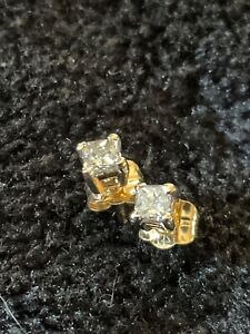 Diamond and 14k yellow gold stud earrings .2 Cts total weight princess Cut