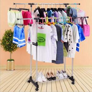 Double Rolling Garment Rack Closet Adjustable Organizer Shelf Clothes Hanger