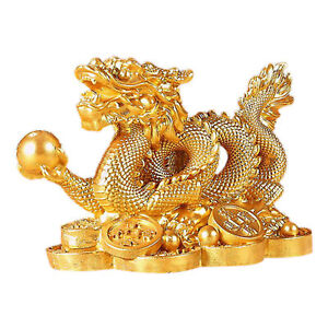 Golden Asian Chinese Feng Shui Dragon on Money Coins Figurine Good Luck Statues