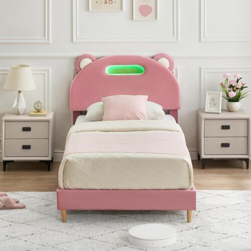 Twin Bed Frame for Kids with LED Light Velvet Upholstered Headboard Platform