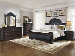 CLASSIC 4 PC CAPPUCCINO LEATHERETTE KING BED NS DRESSER MIRROR BEDROOM SET