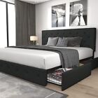 Sifurni Upholstered Bed Frame with 4 Storage Drawers and Headboard, Dark Grey
