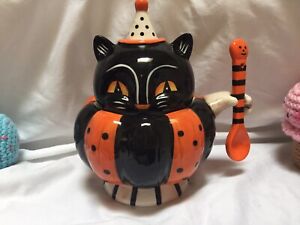 New Johanna Parker Carnival Cottage Halloween Cat Ceramic Jar Tiered Tray Decor