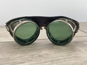 Vintage Steampunk Green Lens Safety Glasses Leather Goggles For Restoration