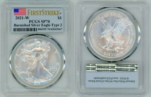 2021 W SILVER AMERICAN EAGLE $1 BURNISHED TYPE 2 PCGS SP70 FIRSTSTRIKE MILK SPOT