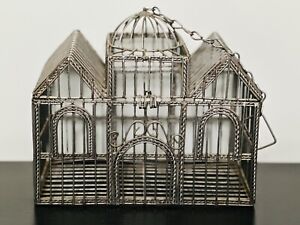 Vtg Metal Bird Cage House Two Gables & Dome Decor Plants Shabby Country 9”x6”x9”