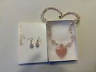 Lee Sands Necklace Rose Quartz Heart Pendant w Crystal + Pearls + Earring