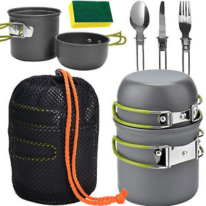 8Pcs Camping Cookware Mess Kit with Pot fork Mesh Bag for Outdoor Camping Picnic