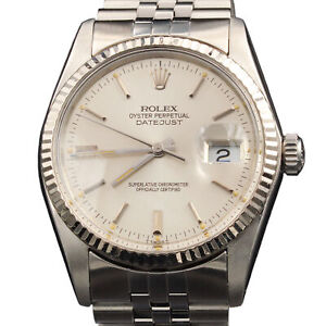 Mens Rolex Datejust Stainless Steel Watch 18K White Gold Bezel Silver Dial 16014