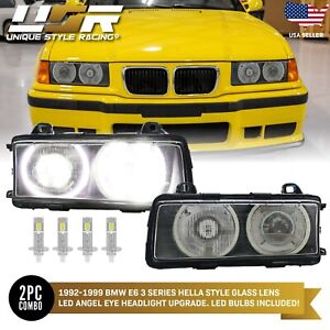 BRIGHTEST LED Angel Halo + x4 H1 LED+ Euro GLASS Projector Headlight For BMW E36 (For: BMW)