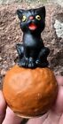 Antique Halloween 3” German Black Cat On A Pumpkin Halloween Cat Pumpkin Beauty