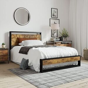Twin Metal Bed with Wooden Headboard/Single Platform Bed for Kids, Rustic Brown